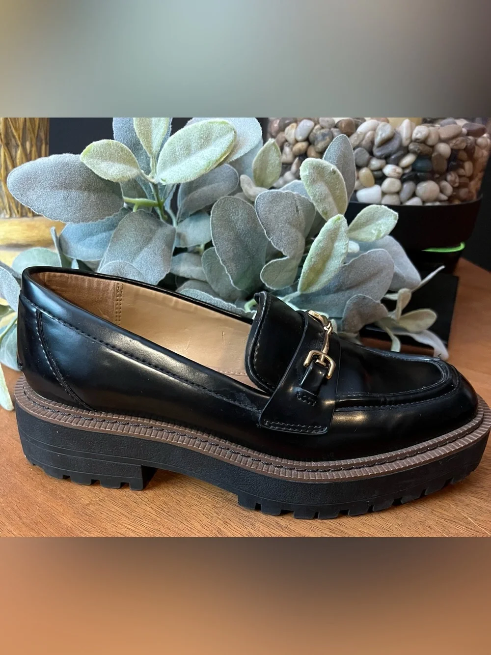 SAM EDELMAN Laurs Platform Loafer Lug Sole Horsebit Gold Slip On Patent Leather